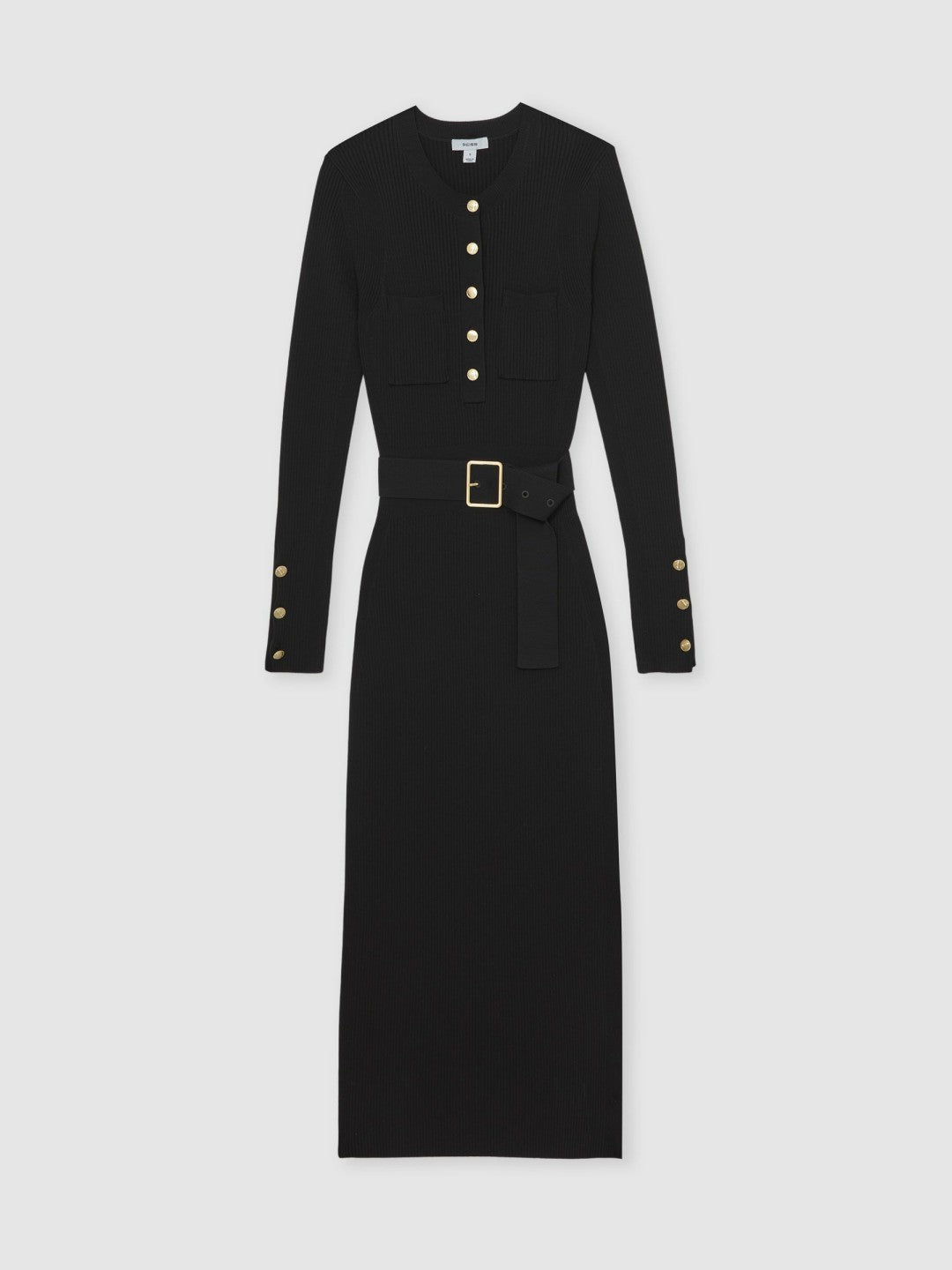 Buttoned Rib-Knit Midi Dress Black | Women