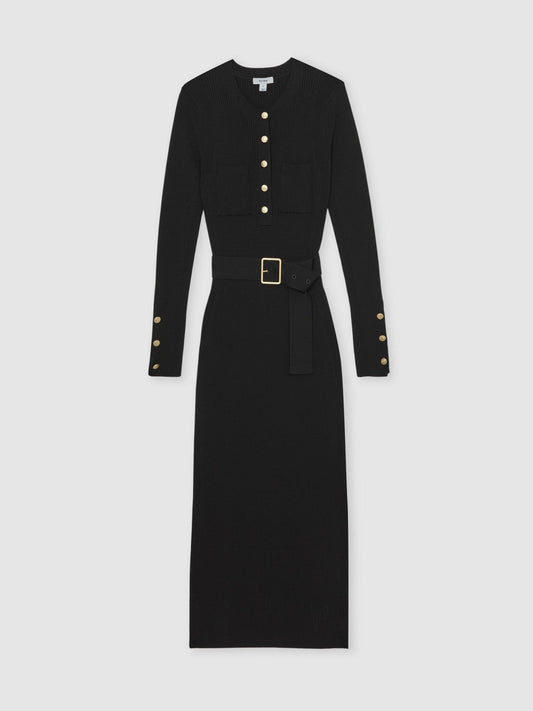 Buttoned Rib-Knit Midi Dress Black | Women