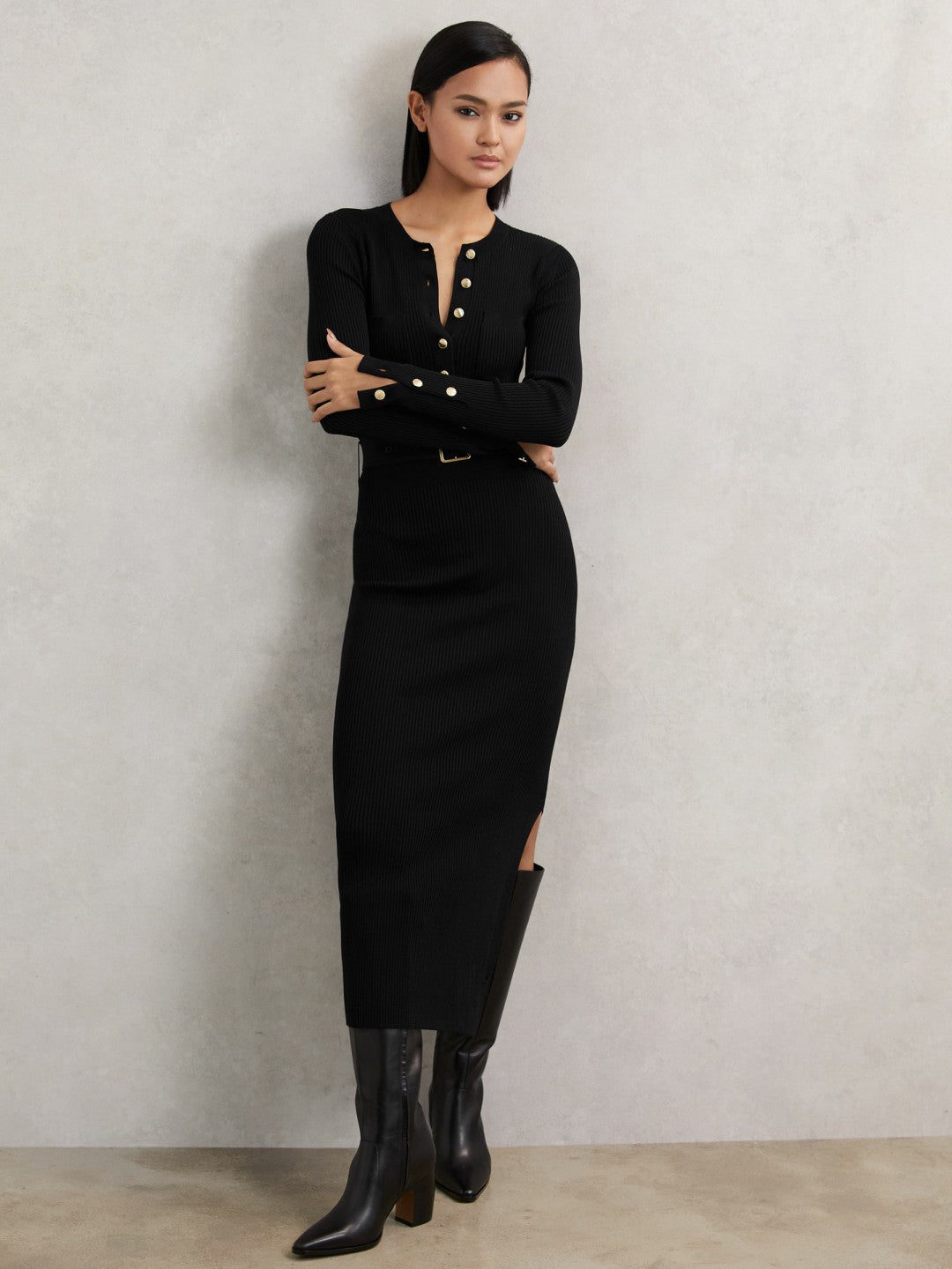 Buttoned Rib-Knit Midi Dress Black | Women
