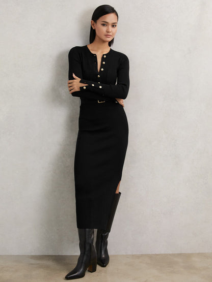 Buttoned Rib-Knit Midi Dress Black | Women