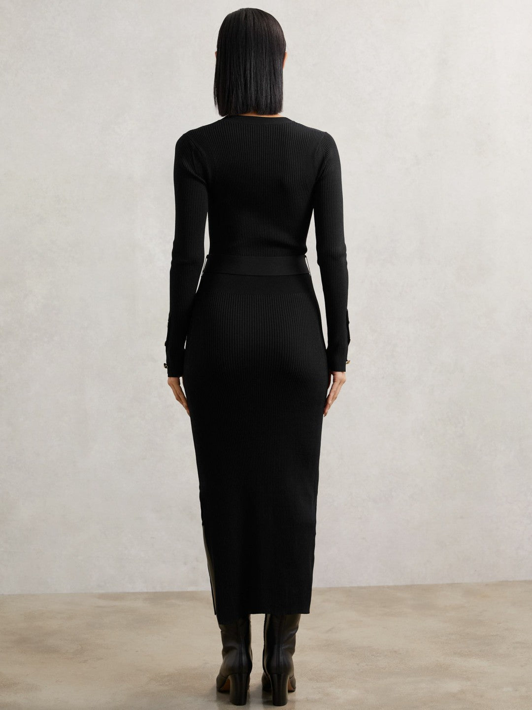 Buttoned Rib-Knit Midi Dress Black | Women