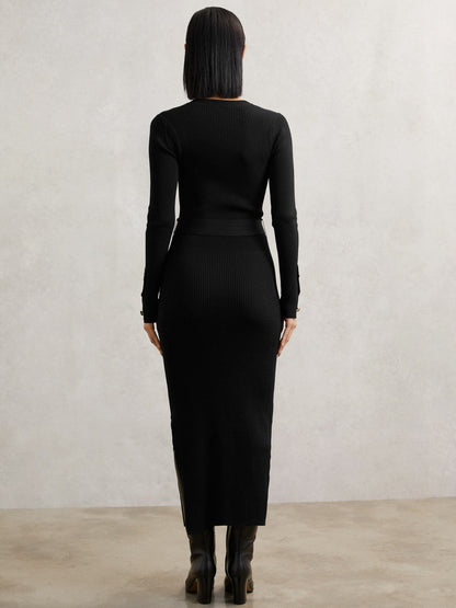 Buttoned Rib-Knit Midi Dress Black | Women