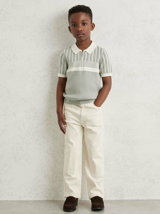 3-9 yrs Cotton Stripe Knit Half-Zip Polo Shirt Sage Green/Off White | Children & Baby
