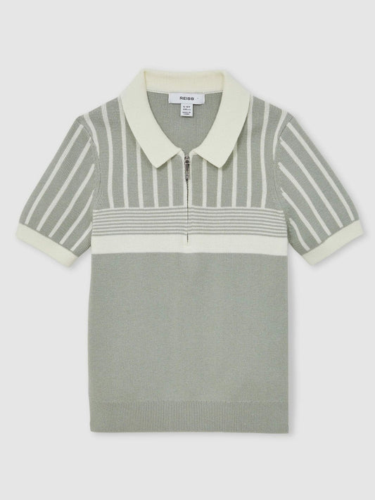 3-9 yrs Cotton Stripe Knit Half-Zip Polo Shirt Sage Green/Off White | Children & Baby