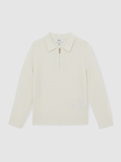 9-13 yrs Wool Waffle-Knit Half-Zip Polo Shirt Off White | Children & Baby
