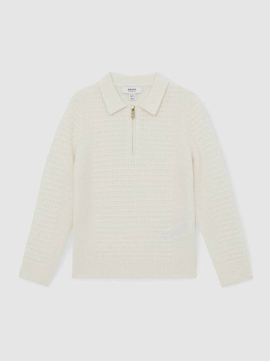 9-13 yrs Wool Waffle-Knit Half-Zip Polo Shirt Off White | Children & Baby