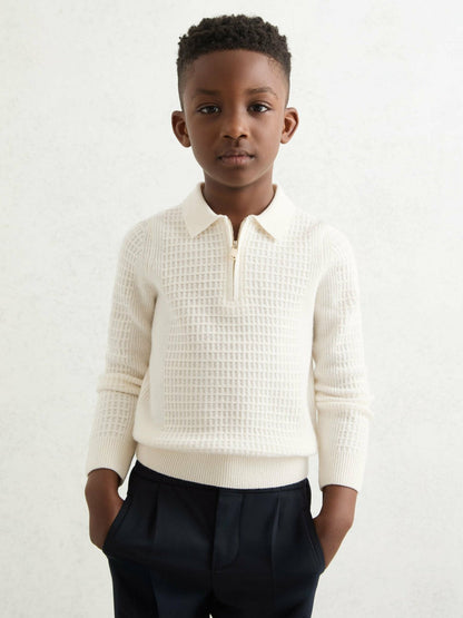 9-13 yrs Wool Waffle-Knit Half-Zip Polo Shirt Off White | Children & Baby