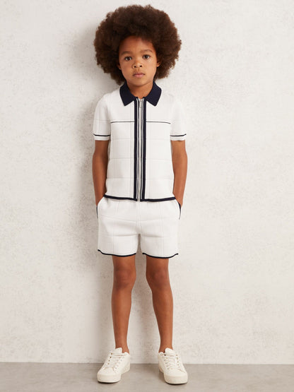 3-9 yrs Tipped Knit Stitch-Detail Shorts White/Navy | Children & Baby