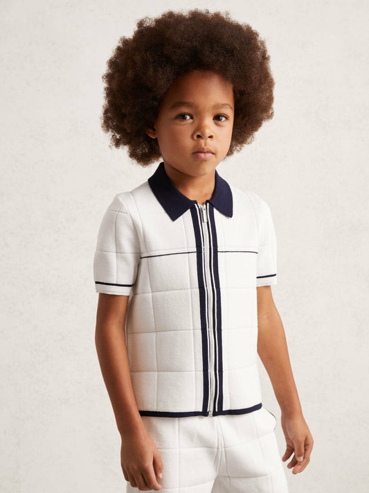 3-9 yrs Tipped Knit Zip-Through Shirt White/Navy | Children & Baby