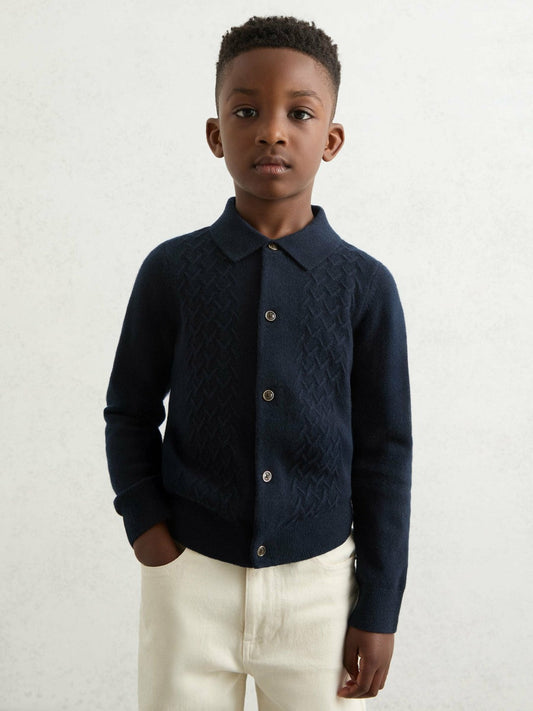3-9 yrs Wool V-Stitch Button-Through Cardigan Navy Blue | Children & Baby
