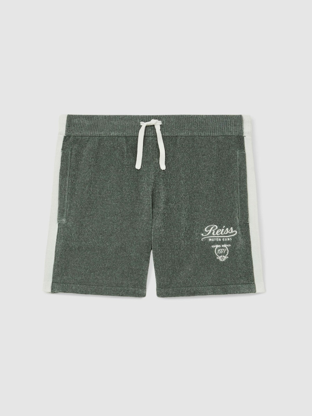 9-13 yrs Chenille Tipped Motor Cars Shorts Dark Sage Green/White | Children & Baby