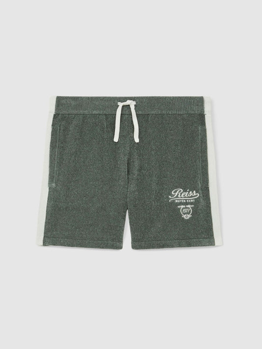 9-13 yrs Chenille Tipped Motor Cars Shorts Dark Sage Green/White | Children & Baby