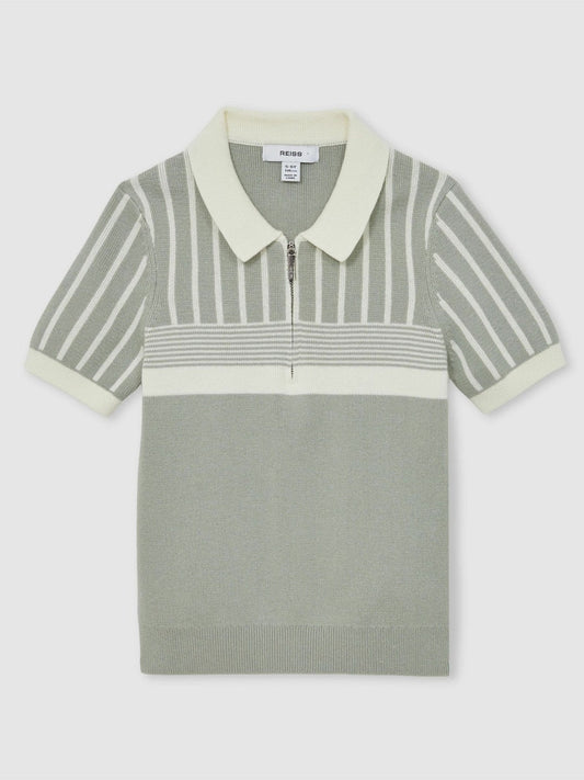 13-14 yrs Cotton Stripe Knit Half-Zip Polo Shirt Sage Green/Off White | Children & Baby