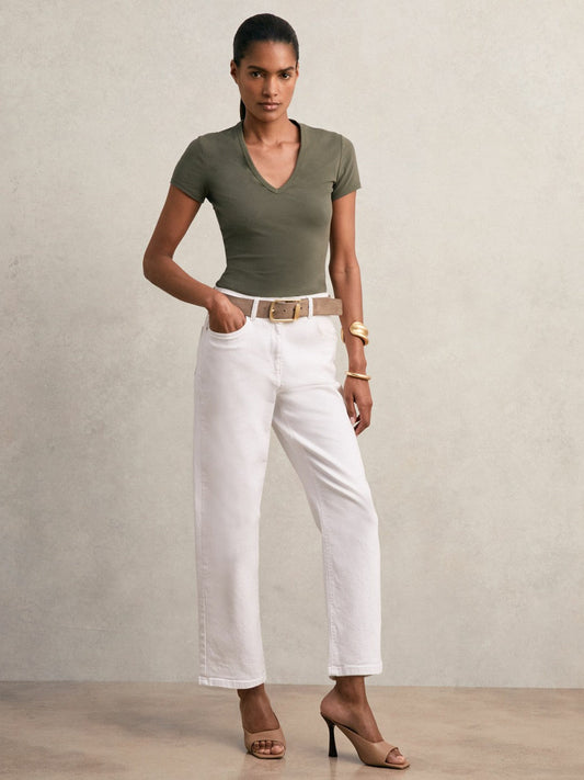 Stretch Cotton V-Neck T-Shirt Khaki Green | Women