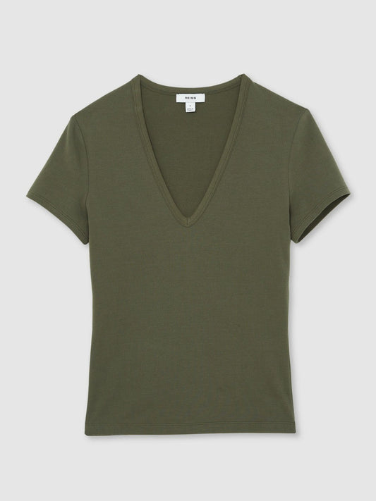 Stretch Cotton V-Neck T-Shirt Khaki Green | Women
