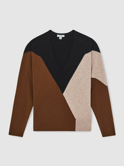 Wool-Blend Colourblock Knit Jumper with Cashmere Toffee Brown/Navy/Neutral | Women