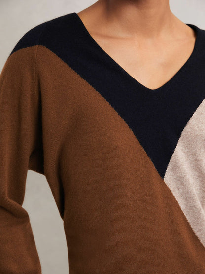 Wool-Blend Colourblock Knit Jumper with Cashmere Toffee Brown/Navy/Neutral | Women
