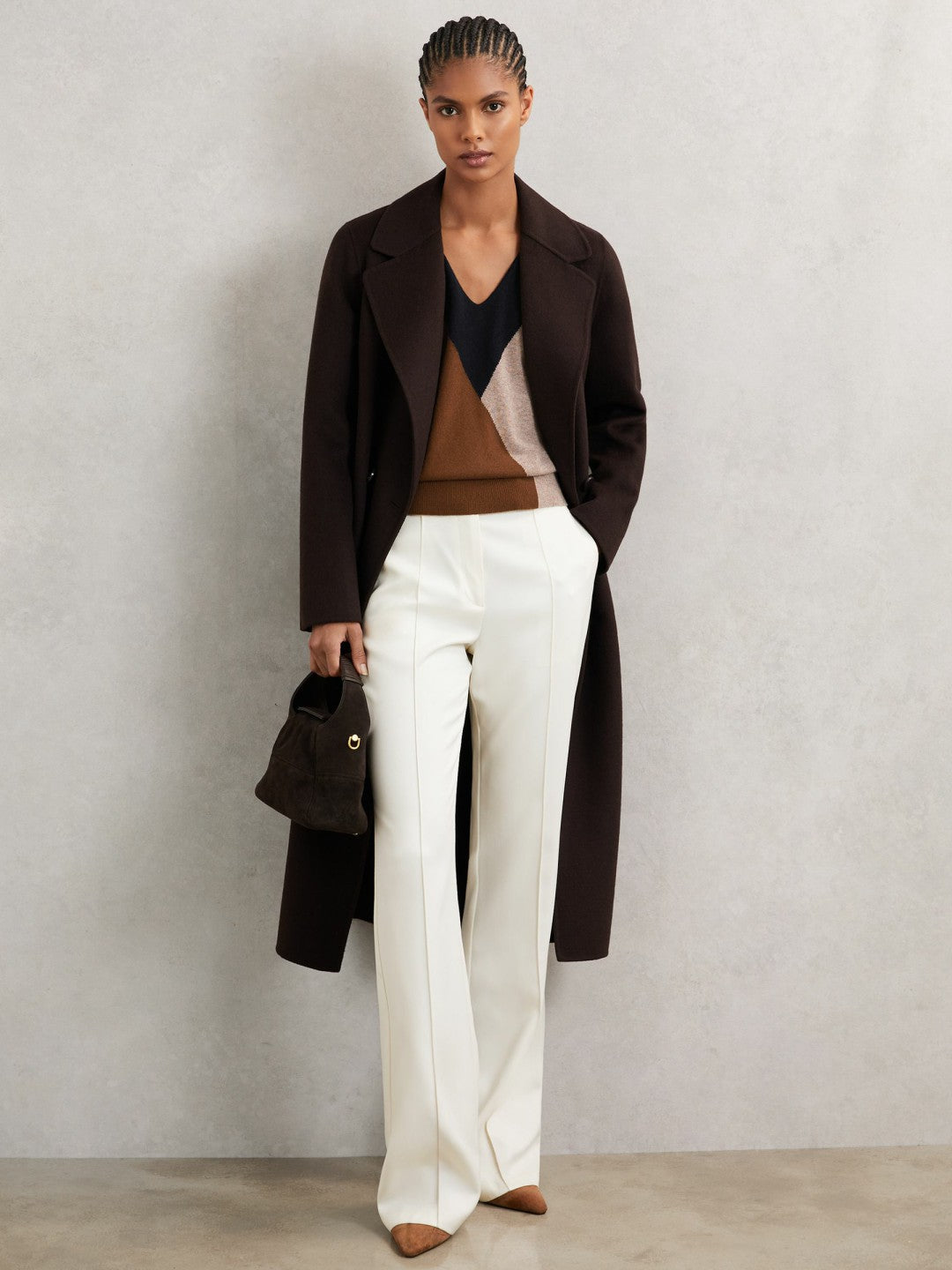 Wool-Blend Colourblock Knit Jumper with Cashmere Toffee Brown/Navy/Neutral | Women