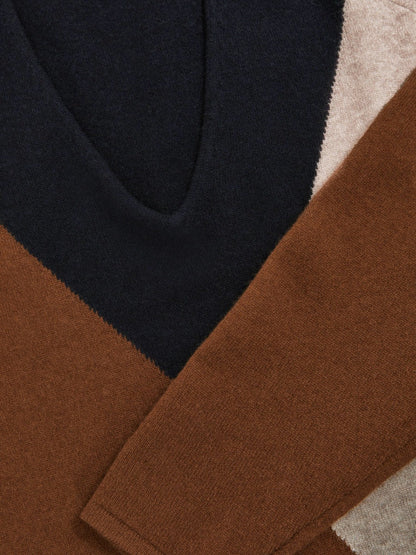 Wool-Blend Colourblock Knit Jumper with Cashmere Toffee Brown/Navy/Neutral | Women