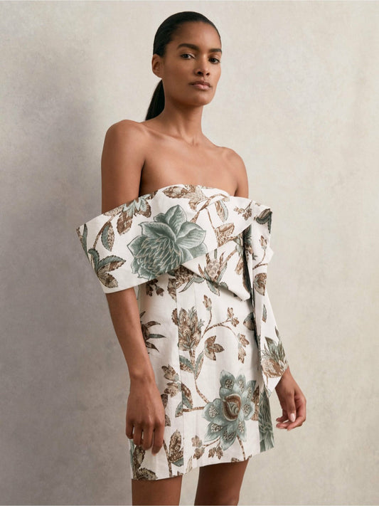 Sculpted Off-Shoulder Floral Mini Dress Linen-Cotton Ivory | Women