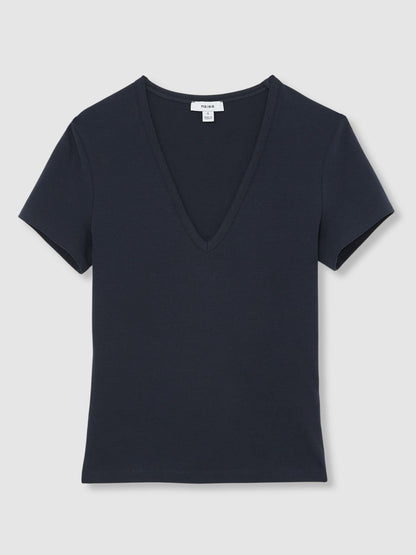 Stretch Cotton V-Neck T-Shirt Navy | Women