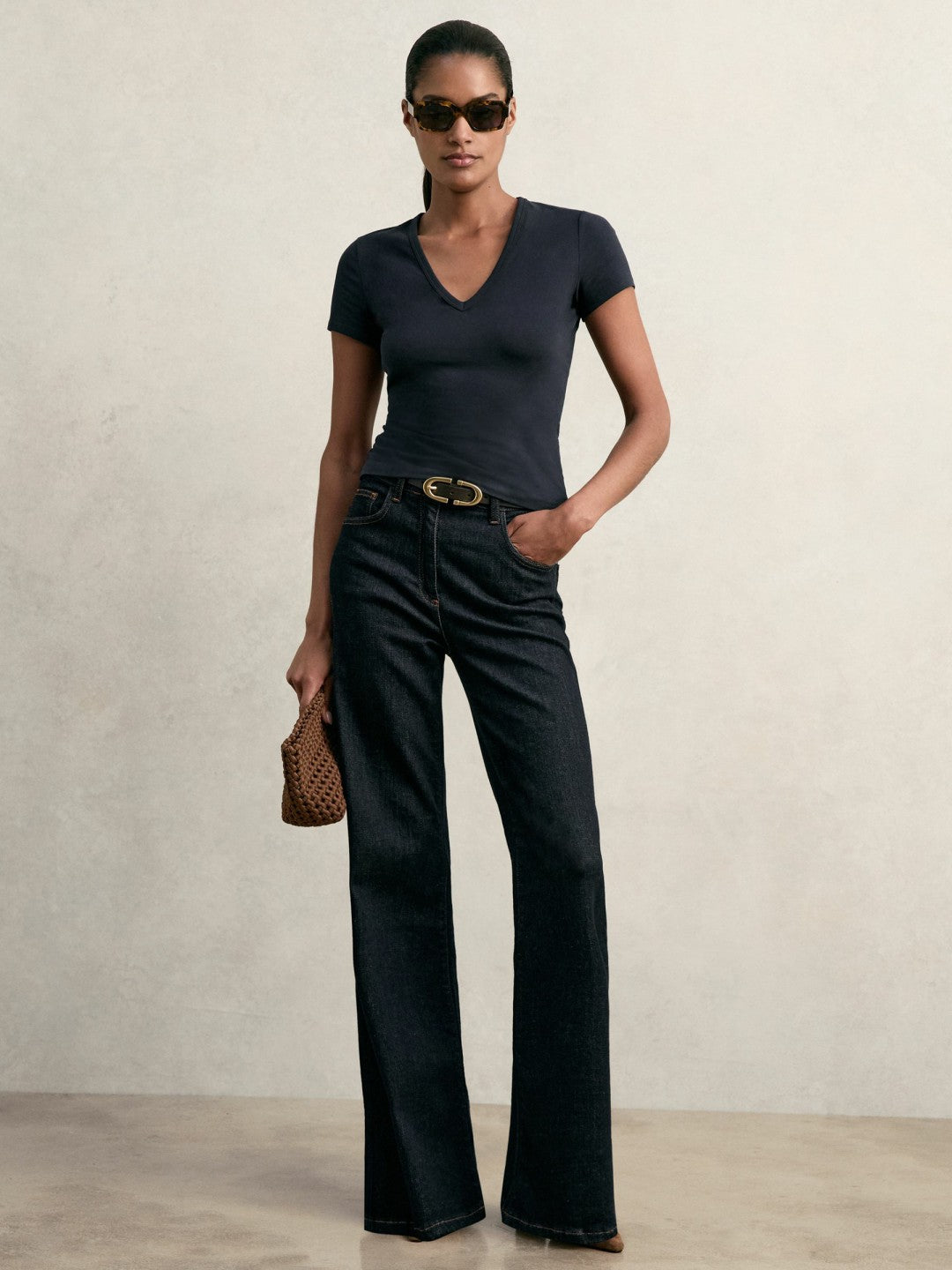 Stretch Cotton V-Neck T-Shirt Navy | Women