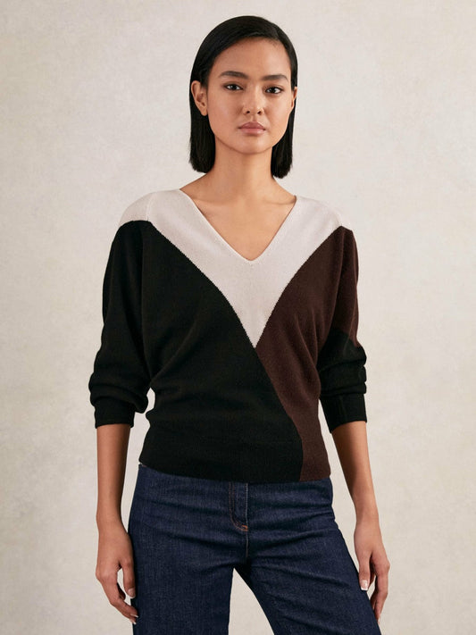 Wool-Blend Colourblock Knit Jumper with Cashmere Black/Burgundy/Cream | Women