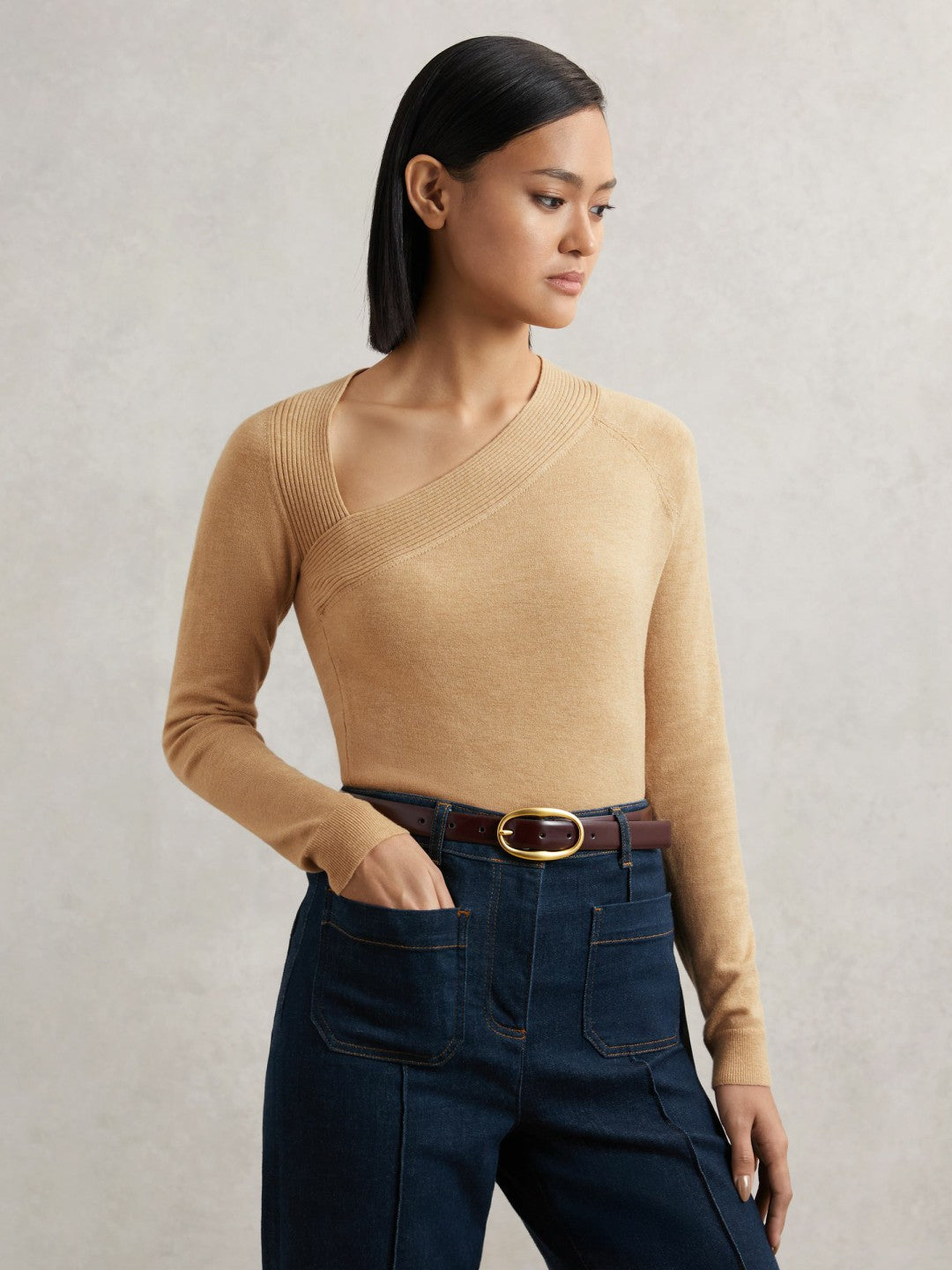 Wool-Blend Asymmetric Knit Top Camel | Women