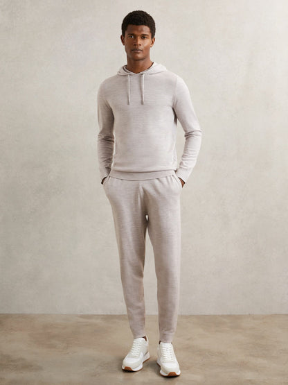 Merino Wool Drawstring Hoodie Wicker Brown Melange | Men