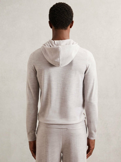 Merino Wool Drawstring Hoodie Wicker Brown Melange | Men