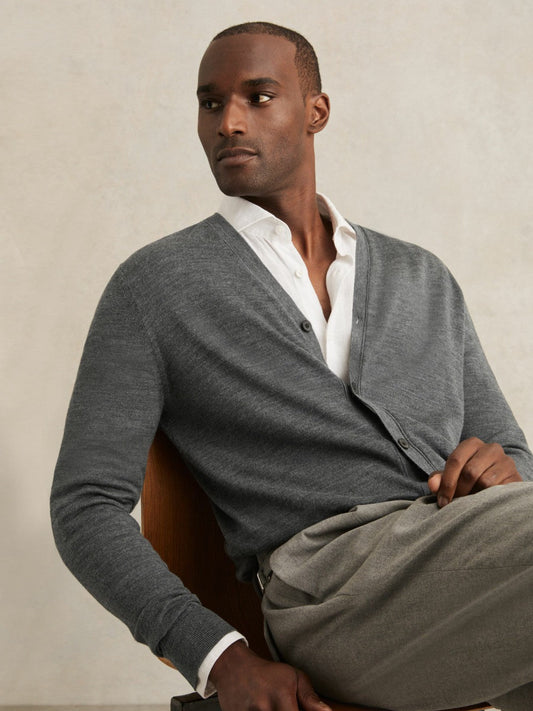 Merino Wool Button-Through Cardigan Derby Grey Melange | Men