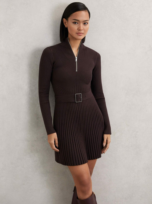 Rib-Knit Belted Half-Zip Flippy Dress Plum Purple | Women