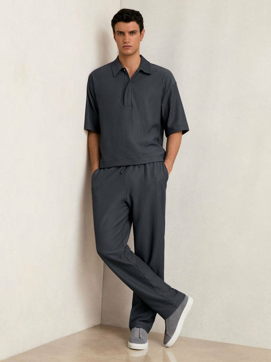 Textured Stripe Drawstring Trousers Petrol Blue | Men