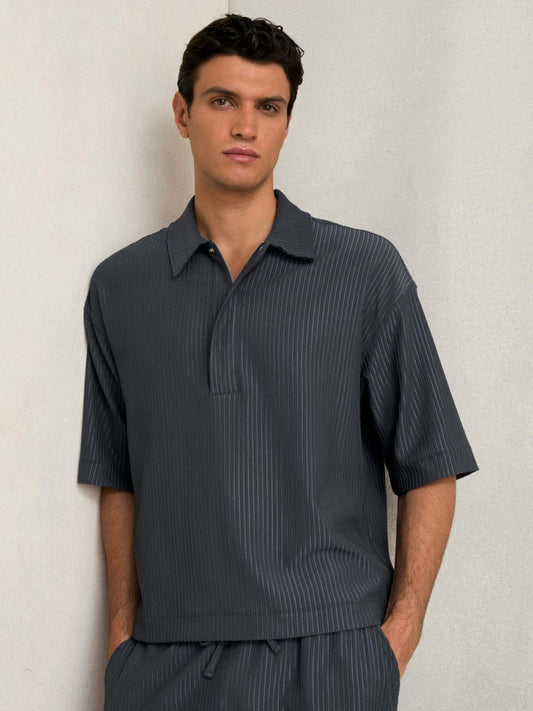 Oversized Textured Stripe Polo Shirt Petrol Blue | Men