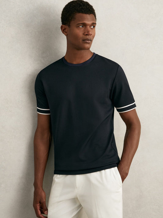 Textured Crew-Neck Tipped T-Shirt Navy Blue | Men