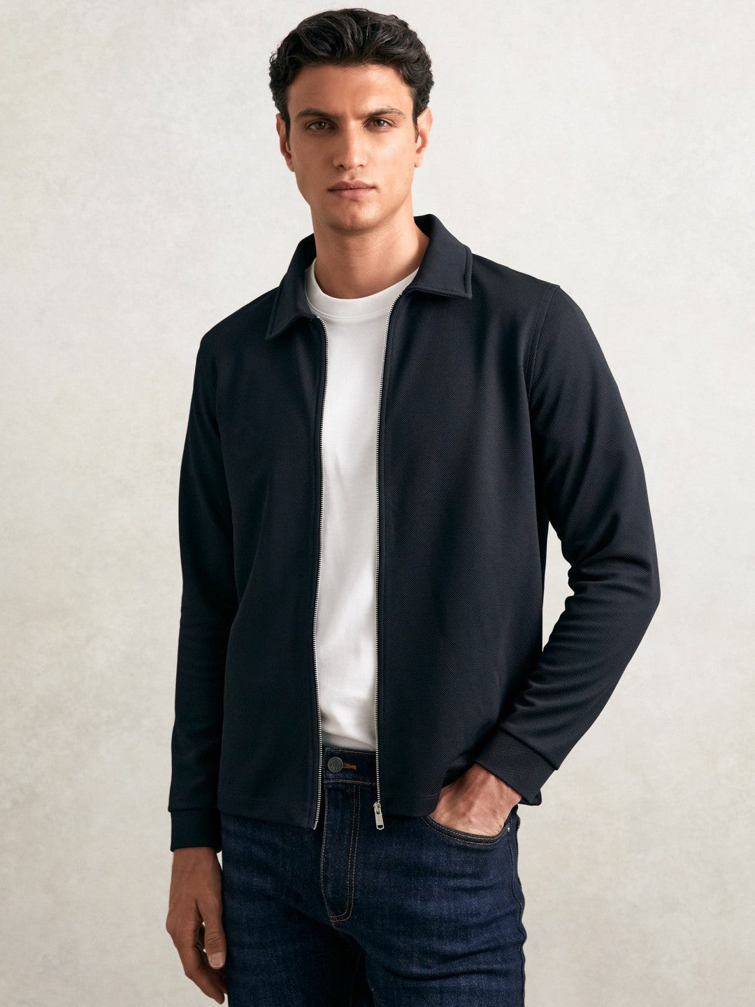 Textured Zip Through Overshirt Navy | Men