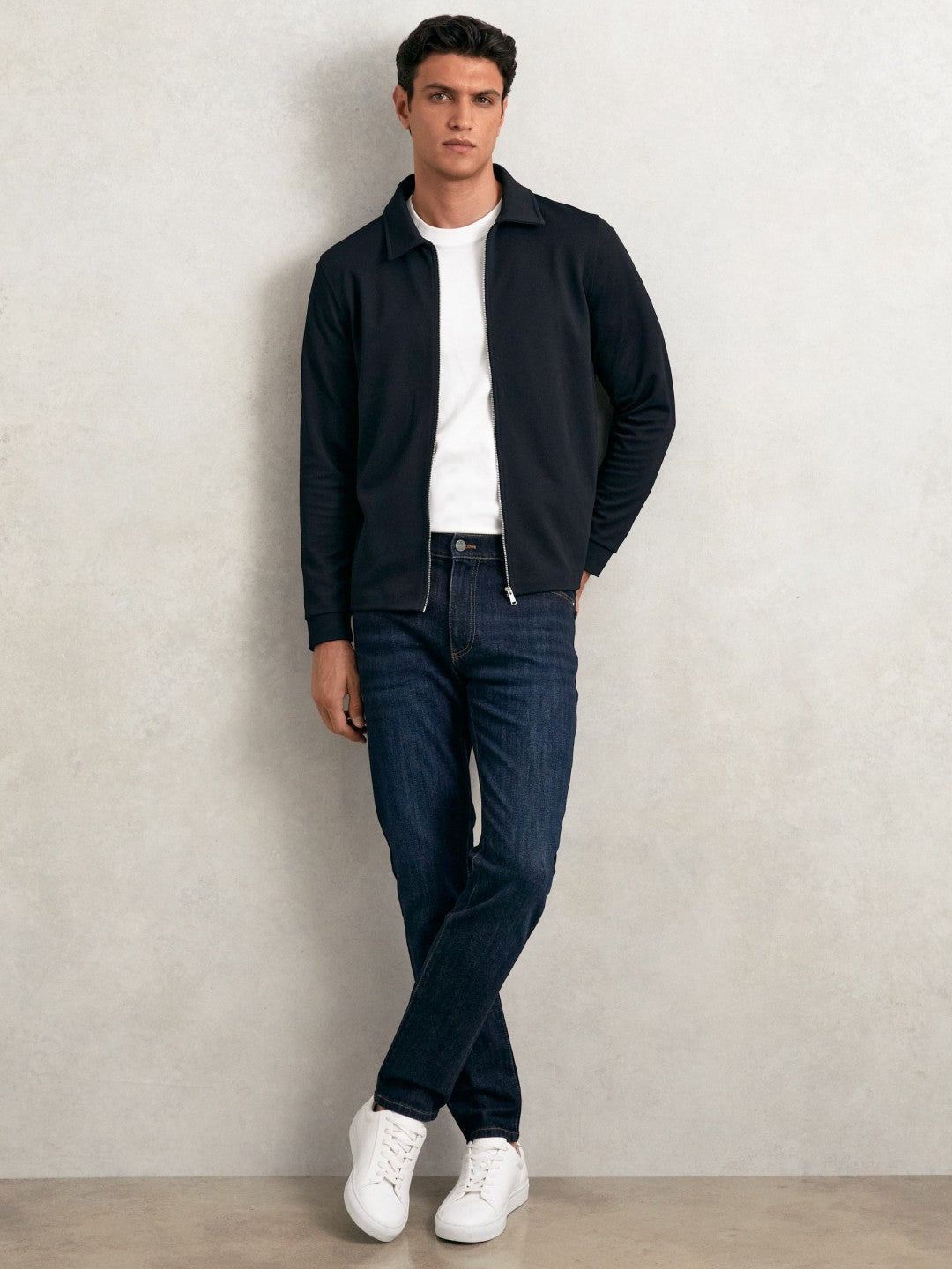 Textured Zip Through Overshirt Navy | Men