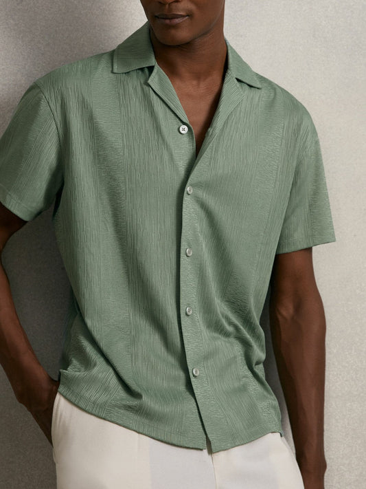 Jacquard-Stripe Cuban-Collar Shirt Mint Green | Men