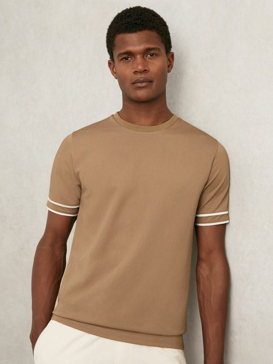 Textured Crew-Neck Tipped T-Shirt Camel Brown | Men