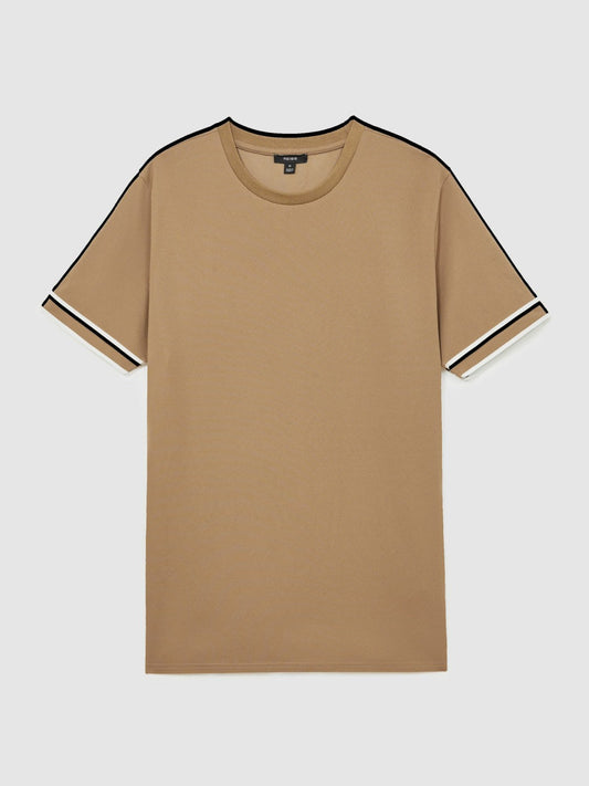 Textured Crew-Neck Tipped T-Shirt Camel Brown | Men