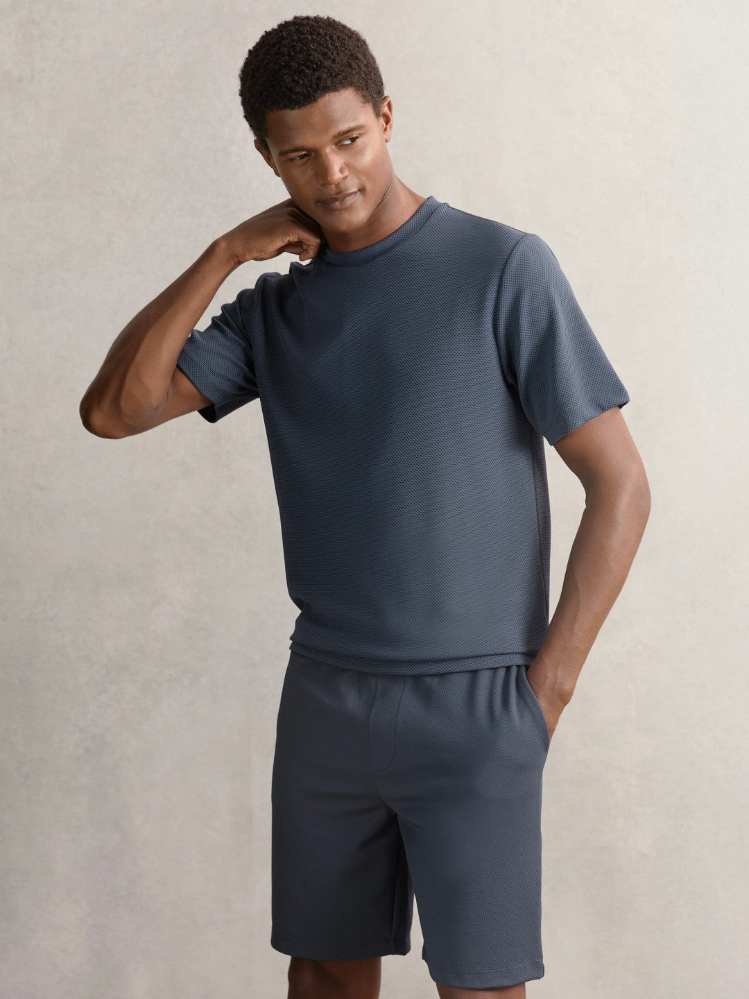 Textured Crew-Neck T-Shirt Airforce Blue | Men