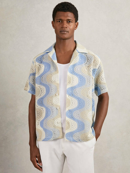 Wave Crochet Cuban Collar Shirt Blue Multi | Men
