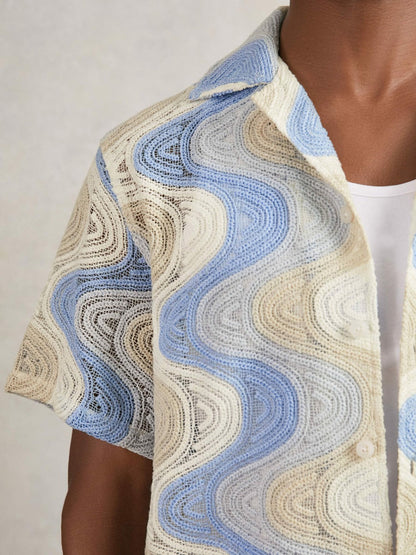 Wave Crochet Cuban Collar Shirt Blue Multi | Men