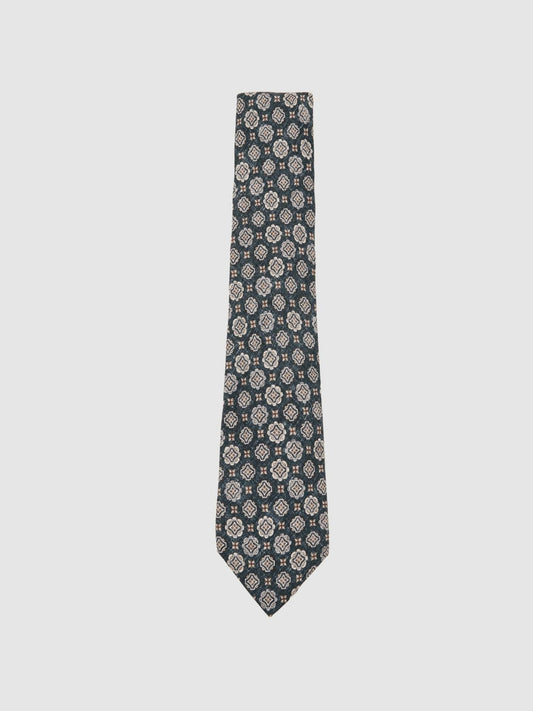 Silk Medallion Print Tie Indigo Melange | Men