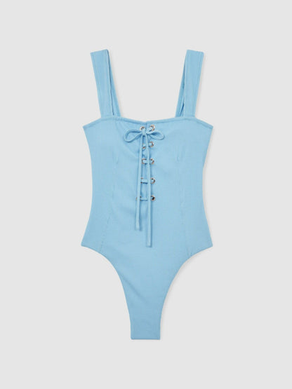 Ribbed Lace-Up Swimsuit Blue | Women