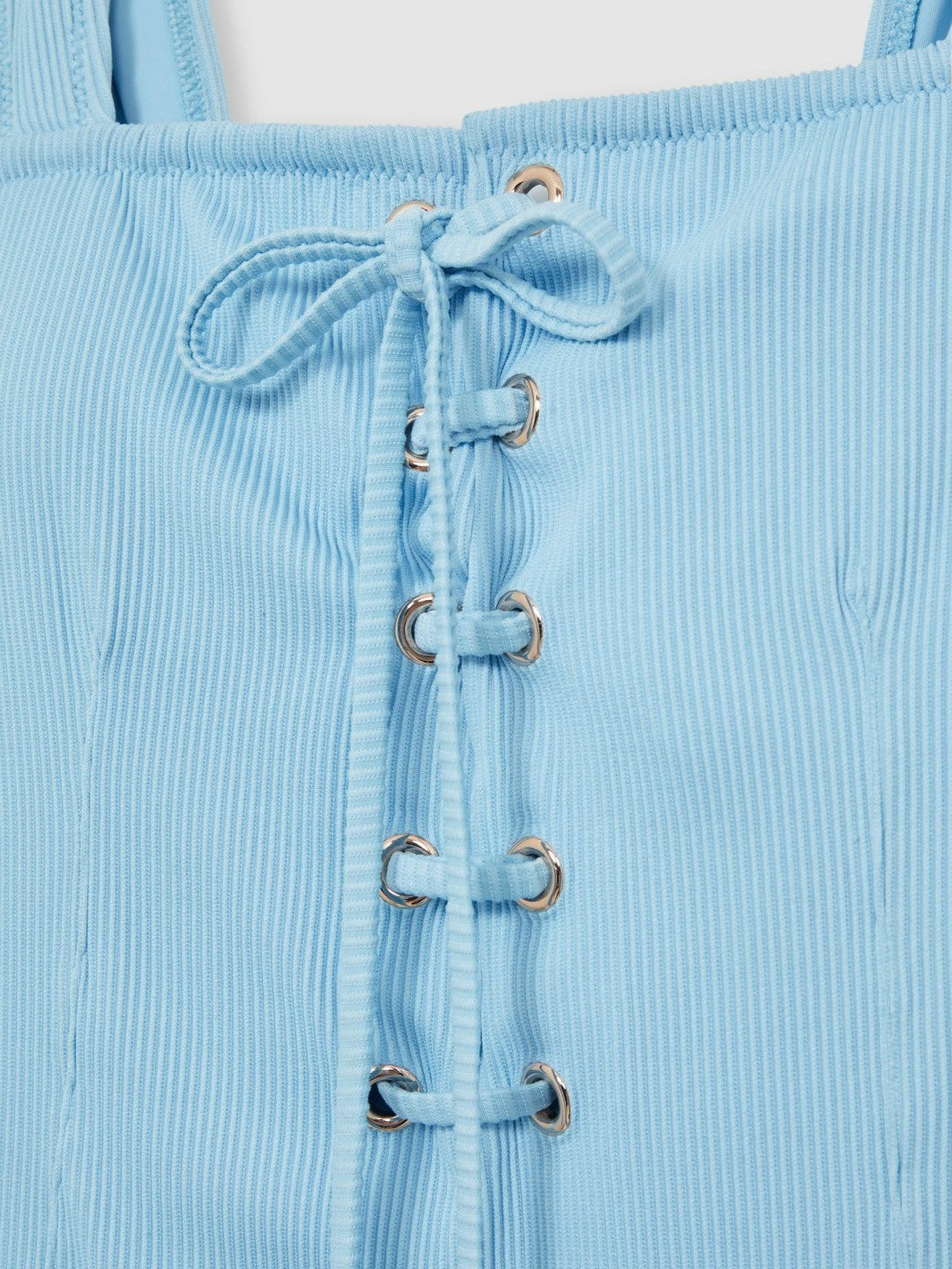 Ribbed Lace-Up Swimsuit Blue | Women