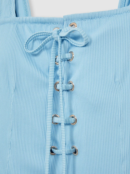 Ribbed Lace-Up Swimsuit Blue | Women