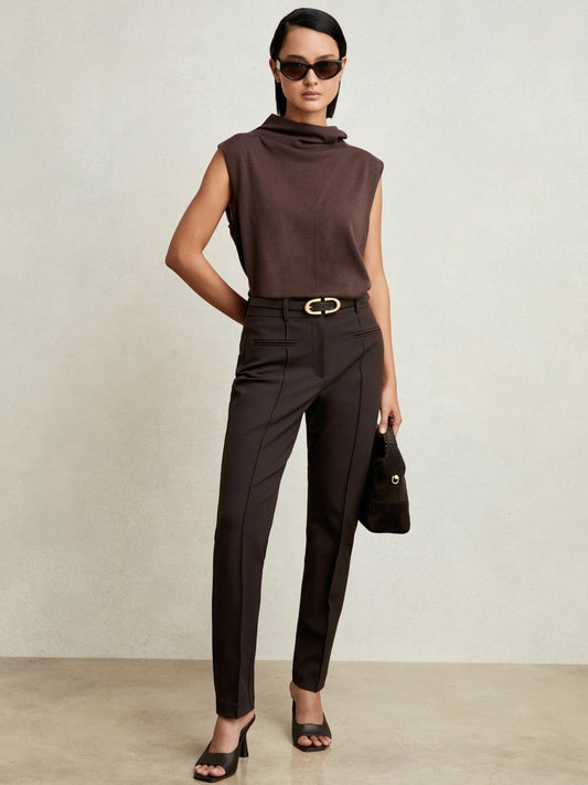 Petite Pintuck Tapered Trousers Chocolate Brown | Women