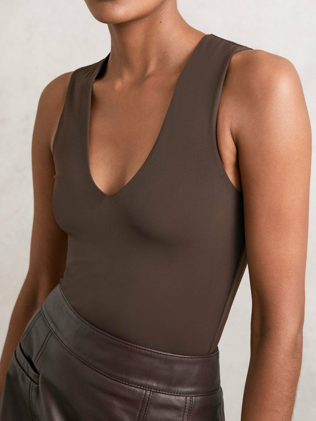 V-Neck Sleeveless Bodysuit Chocolate Brown | Women