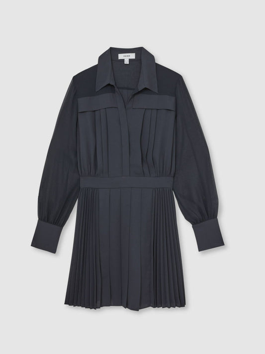 Pleated Sheer-Sleeve Mini Dress Navy | Women